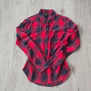Obey | red plaid print button-up flannel shirt | WMS S